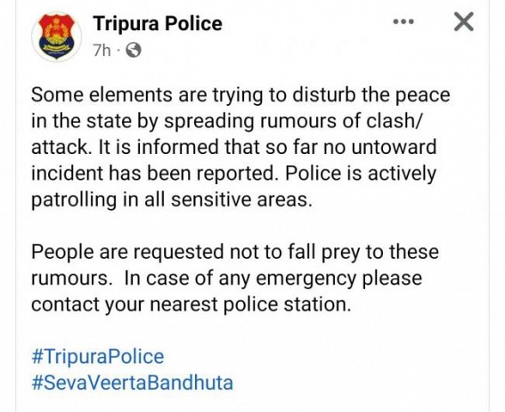 ‘Rumours ! No Clash / Attack in Tripura’ : Police