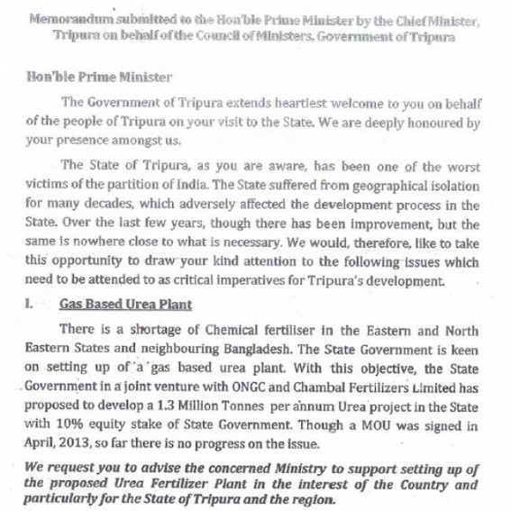 Manik fooling Modi on North Tripura Urea Plant ? State Govt unable to procure land from Halam Tribals, what Modi will do ?
