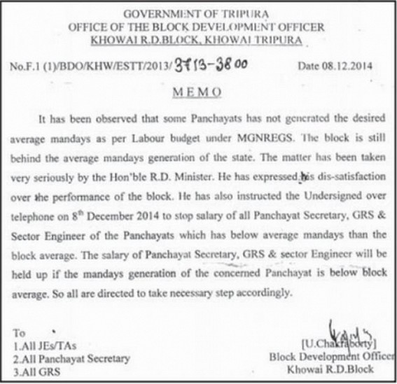 Tripura Infoway news on 'MGNREGA employees salary held-up' now officially proved as BDO mentioning RD Minister's telephonic instruction in official MEMO : Naresh Jamatia's role under scanner Tripura Infoway news on 'MGNREGA employees salary held-up' now officially proved as BDO mentioning RD Minister's telephonic instruction in official MEMO : Naresh Jamatia's role under scanner