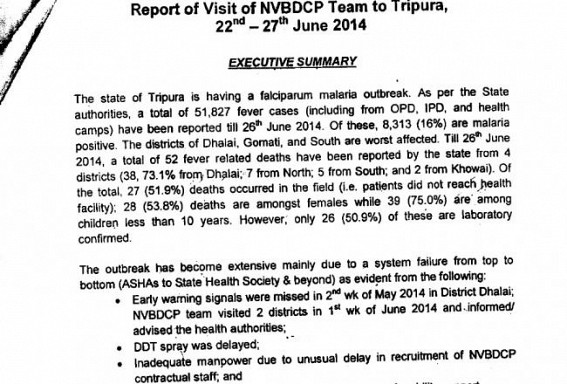 ICMR team visiting Tripura again : Malaria epidemic spreading at alarming rate : NVBDCP Central team blamed lack of health care facilities from top to bottom : Poor State of Healthcare in Tripura