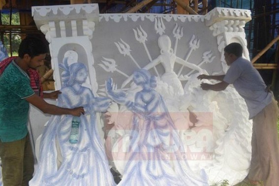 Kunjaban Sebak Sangha preparing Durga Puja pandal themed on 'Indigo revolt' 