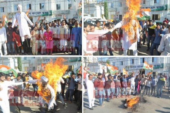 Tripura Congress burns JUMLA Modiâ€™s effigy over Modiâ€™s bizzare comment against Sonia Gandhi for grabbing Congressâ€™s â€˜Widow Pensionâ€™ fund