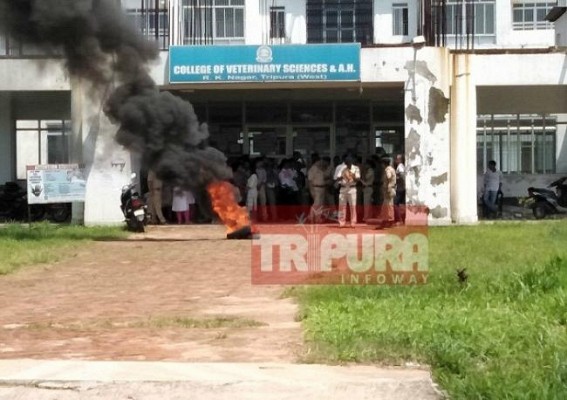 Tire burnt, agitations erupted by students at Veterinary College : Strike continues on Day-2 demanding registrations 