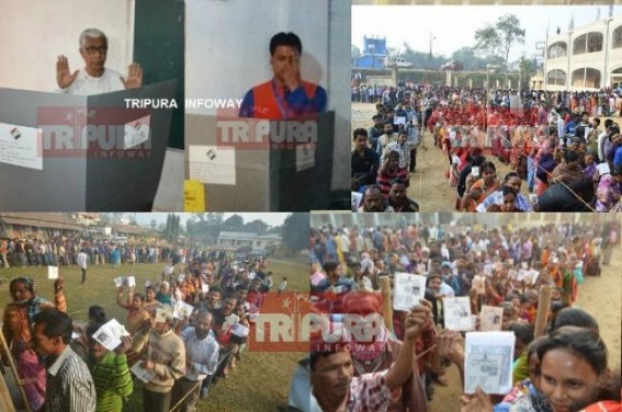 BJP or CPI-M ? Voters huge turnouts in polling booths across Tripura keeps Election machinery busy, EVM malfunctioning delay voting in few Polling Centres 
