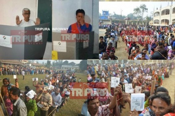 BJP or CPI-M ? Voters huge turnouts in polling booths across Tripura keeps Election machinery busy, EVM malfunctioning delay voting in few Polling Centres BJP or CPI-M ? Voters huge turnouts in polling booths across Tripura keeps Election machinery busy, EVM malfunctioning delay voting in few Polling Centres