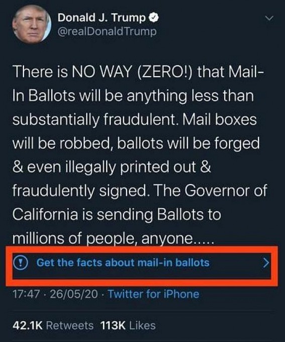 Twitter adds fact-check labels to Trump's tweets on mail-in voting