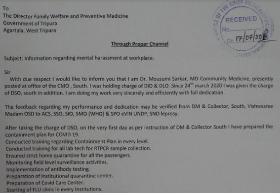 DSO south filed a complaint letter against CMO for mentally harassing her DSO south filed a complaint letter against CMO for mentally harassing her