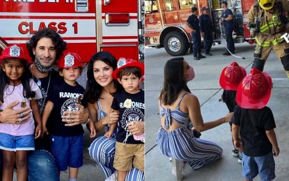 Sunny Leone, family have a day out with firemen Sunny Leone, family have a day out with firemen