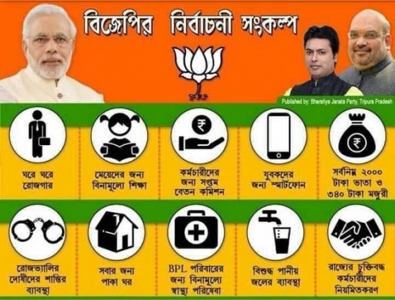 JUMLA Cheating, Pre-Election Vision Document ! No Miss Call Jobs ! No Free Smartphones ! No 50000 Govt Jobs in BJP’s 2 yrs misrule : BJP lost mass support, heavy public resentment across Tripura JUMLA Cheating, Pre-Election Vision Document ! No Miss Call Jobs ! No Free Smartphones ! No 50000 Govt Jobs in BJP’s 2 yrs misrule : BJP lost mass support, heavy public resentment across Tripura