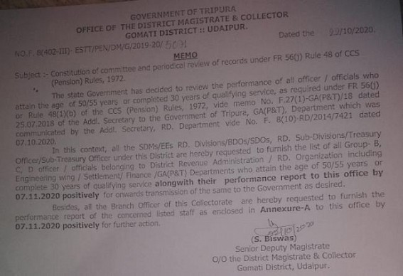 District administration to conduct fitness review of 50/55 years old officials under Gomati district District administration to conduct fitness review of 50/55 years old officials under Gomati district