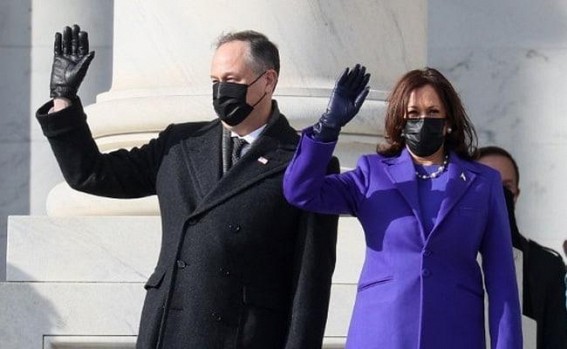 Kamala Harris rocks purple outfit, Emhoff in Ralph Lauren suit 