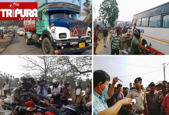 Truck Driver Mob Lynching : Drivers, Transport Workers Blocked National Highways in Teliamura, Ambassa, Churaibari in Protest, sought Safety & Security for all, Compensation for the Victim Family 