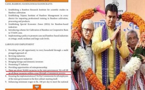 3 Yrs of BJP Govt in Tripura : BJP's Unconditional promise about 50,000 Govt Jobs in 1-Year erupts anger among Unemployed Youths 3 Yrs of BJP Govt in Tripura : BJP's Unconditional promise about 50,000 Govt Jobs in 1-Year erupts anger among Unemployed Youths