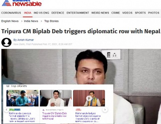 National, International media reporting about India's only one CM for his Controversial Statement : After Internet-Theory, Biplab Deb's comment on 'Amit Shah's Plan to Form Govts in Nepal, Sri Lanka' turned the most Unexpected Statement from a CM