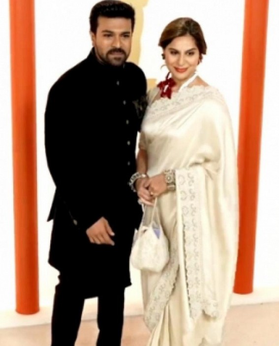 Oscars 2023: Shantanu-Nikhil outfit for Ram Charan; Upasana's silk made with recycled scrap Oscars 2023: Shantanu-Nikhil outfit for Ram Charan; Upasana's silk made with recycled scrap