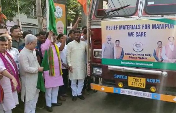 BJP sends Relief Materials for Violence Affected Manipur : CM Flags Off Goods’ Vehicle from Krishna Nagar Party Head Office