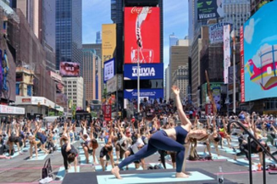 Yogis create island of stillness at New York's frenetic Times Square Yogis create island of stillness at New York's frenetic Times Square