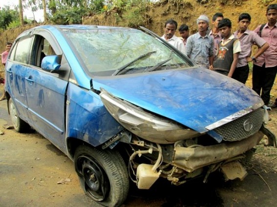 Car jumps due to tire blast ; owner narrowly escapes
