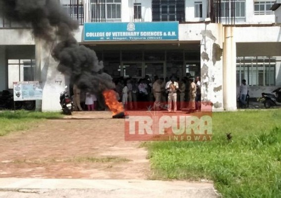Tire burnt, agitations erupted by students at Veterinary College : Strike continues on Day-2 demanding registrations Tire burnt, agitations erupted by students at Veterinary College : Strike continues on Day-2 demanding registrations