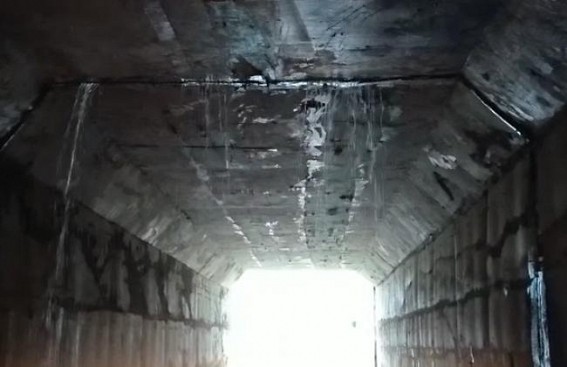Poor quality Railway Bridge constructed, water falls under the railway bridge from above like stream, North Sonaichari, Belonia