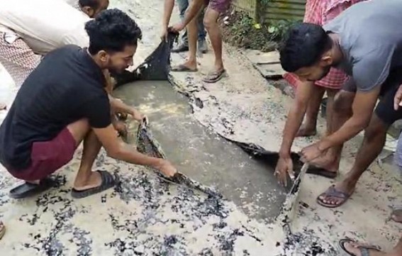 Public peeled out road material to prove poor quality road maintenance